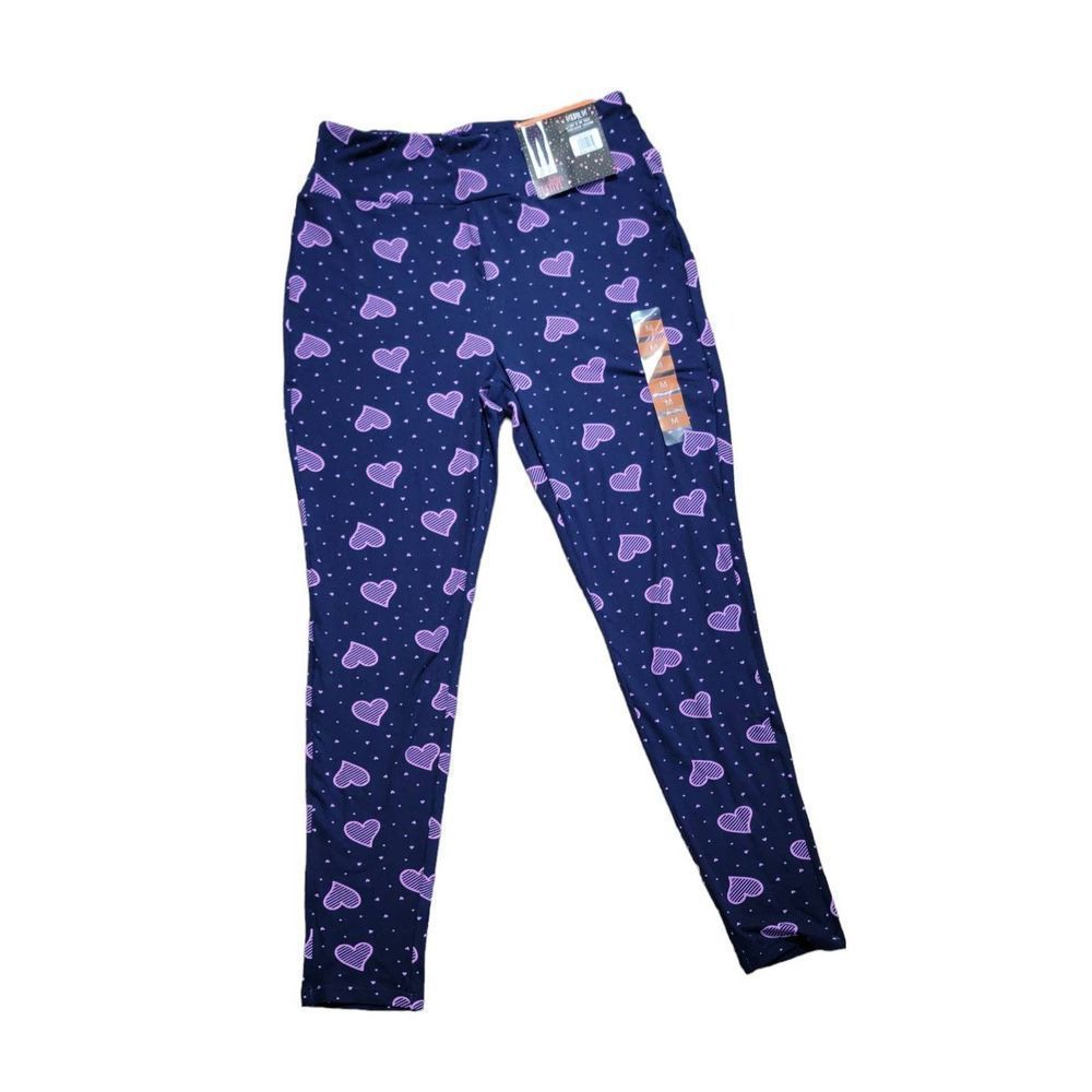 Feeling Festive Leggings Women's Medium Blue Purple Hearts Stretch Waist New Tag